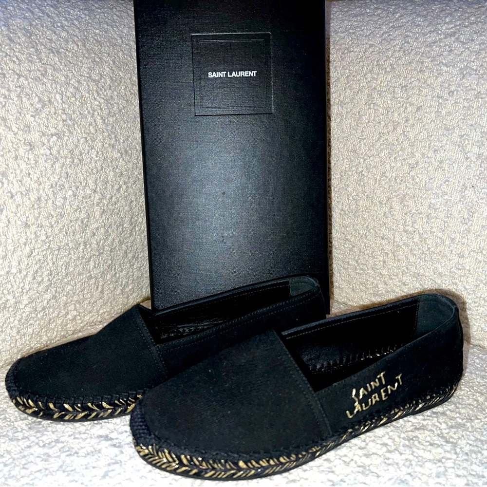 Saint Laurent YSL Black Canvas Gold Logo Embroidered Stitch Espadrille